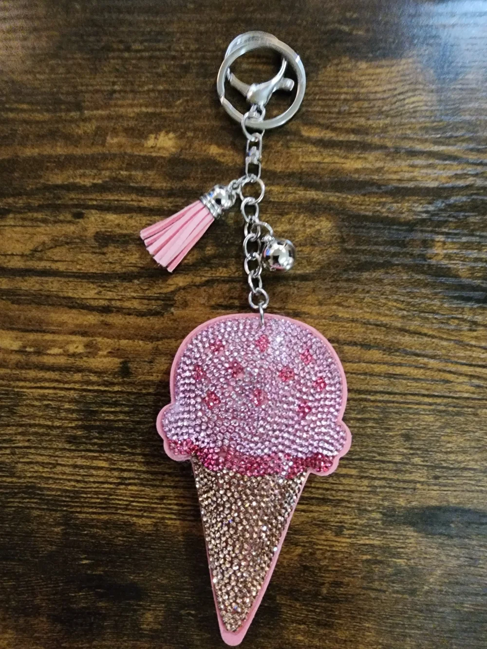 Pink Rhinestone Ice Cream Cone Keychain Bag Charm for Kids Accessories